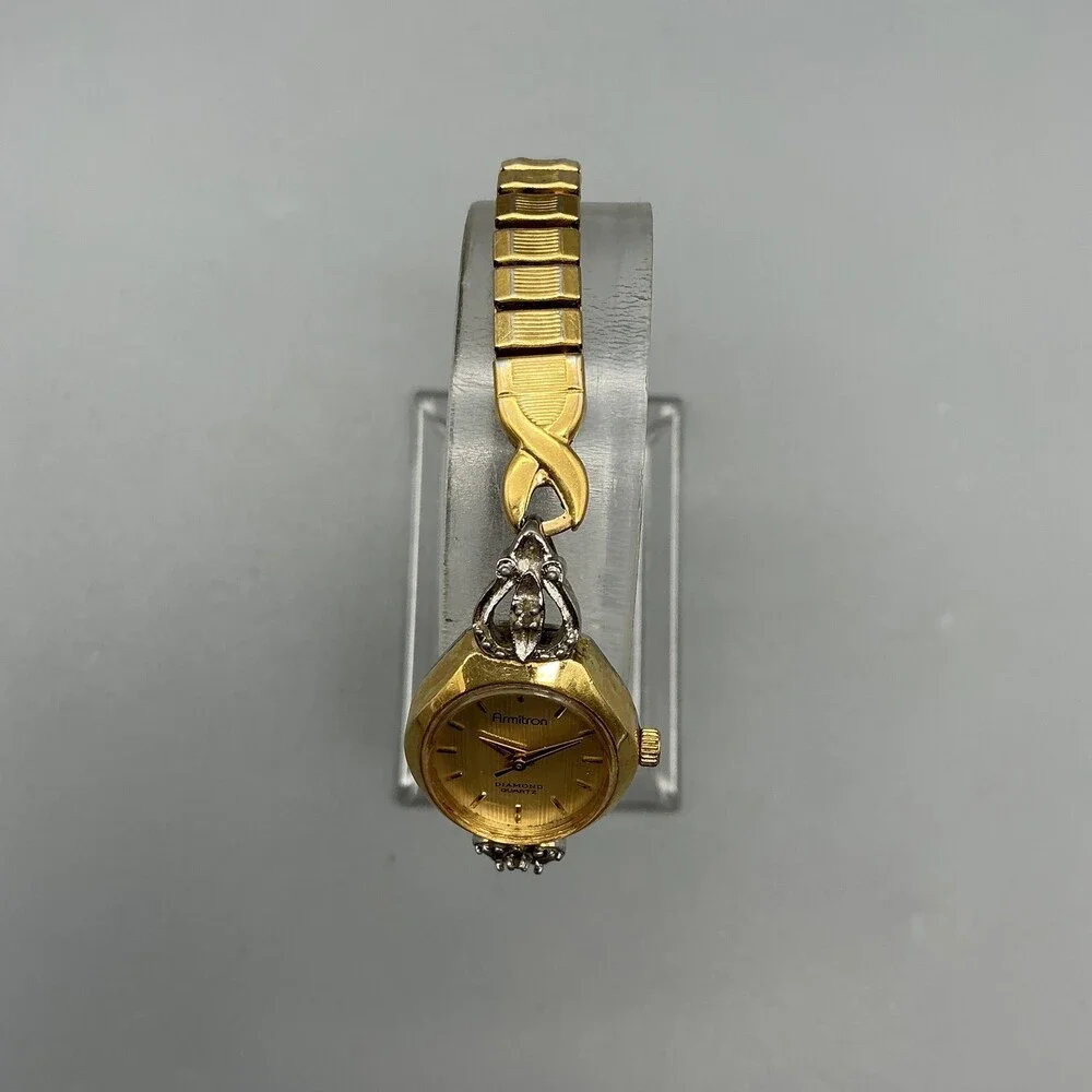 Vtg Armitron Diamond Womens Watch 18mm Champagne Dial Gold Tone New Battery